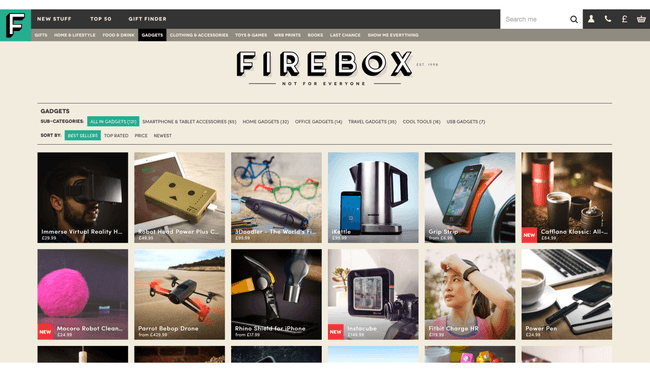 Hlavní strana e-shopu Firebox - vyberte si kartu.