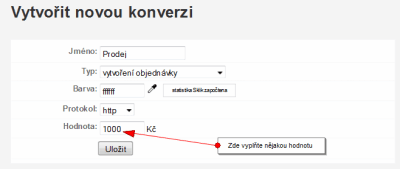 Screenshot nastavení měření konverzí ze systému Sklik