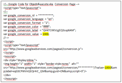 Ukázka měřícího kódu AdWords -> žlutě vyznačeno, kam se má nahrát konkrétní hodnota objednávky