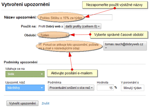 Při nastavení Pokročilého upozornění je třeba napsat výstižně jeho název