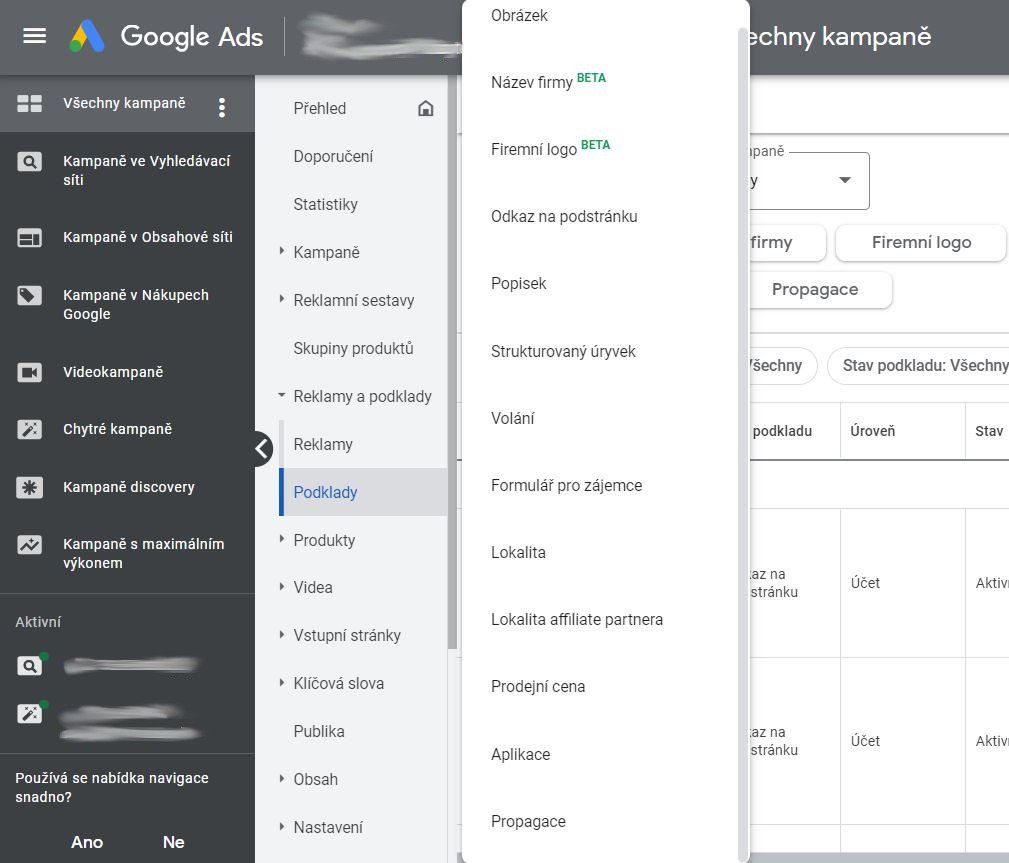 Obr. 2: Nové možnosti podkladů reklam – Název firmy a Firemní logo