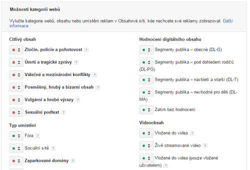 Obrázek 3: Možnosti kategorií webů