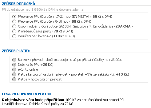 Úprava formuláře pro výběr způsobu doručení