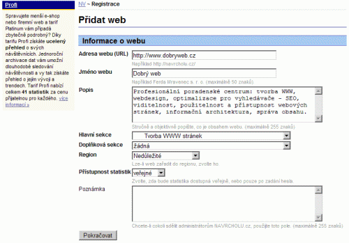 Navrcholu.cz - Přidání webu - informace o webu