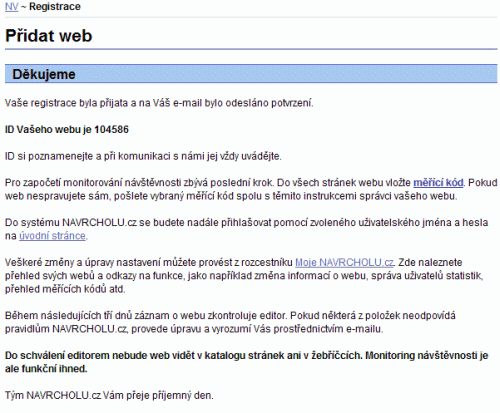 Navrcholu.cz - Přidání webu - potvrzení registrace
