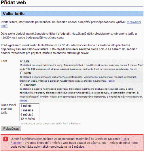 Navrcholu.cz - Přidání webu - volba tarifu