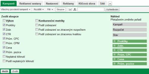 Nastavení sloupců přehledu